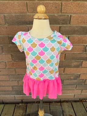 Carter's Multicolor Mermaid Scale Short Sleeve Top w Hot Pink Tulle Hem Size 3T